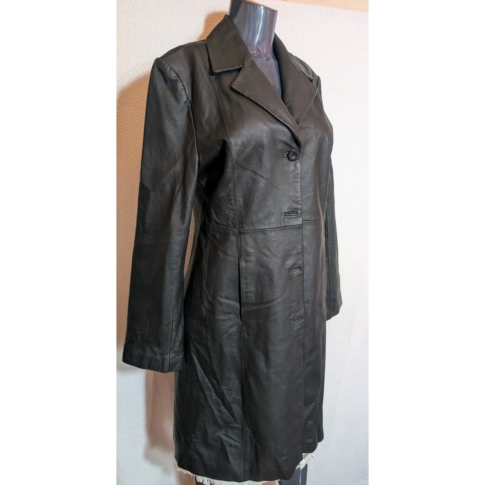 Chadwicks Black Leather Trench Coat Womens Medium Belted Mid Length Jacket VTG